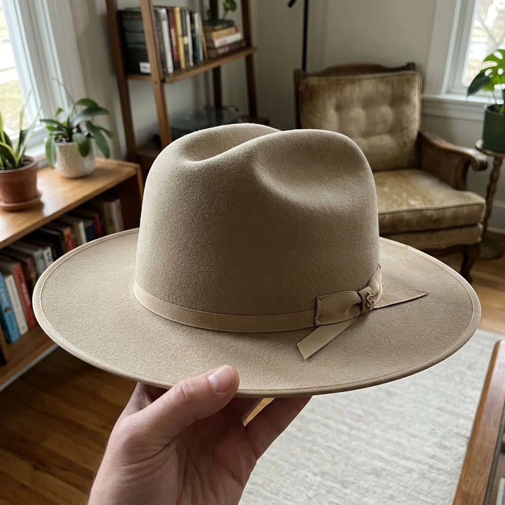 Camel Felt Fedora Hat with Grosgrain Ribbon Bow and Trim