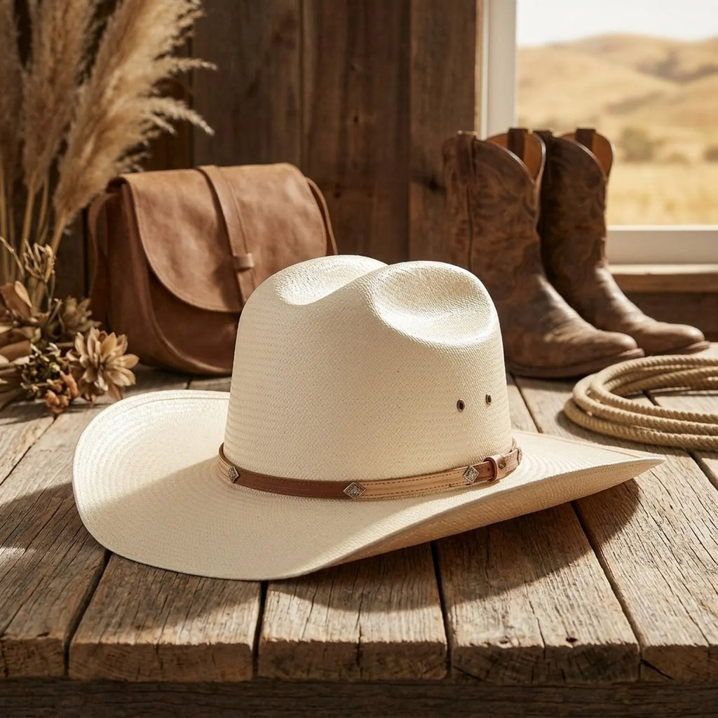 Ivory Straw Western Cowboy Hat with Tan Leather Concho Band