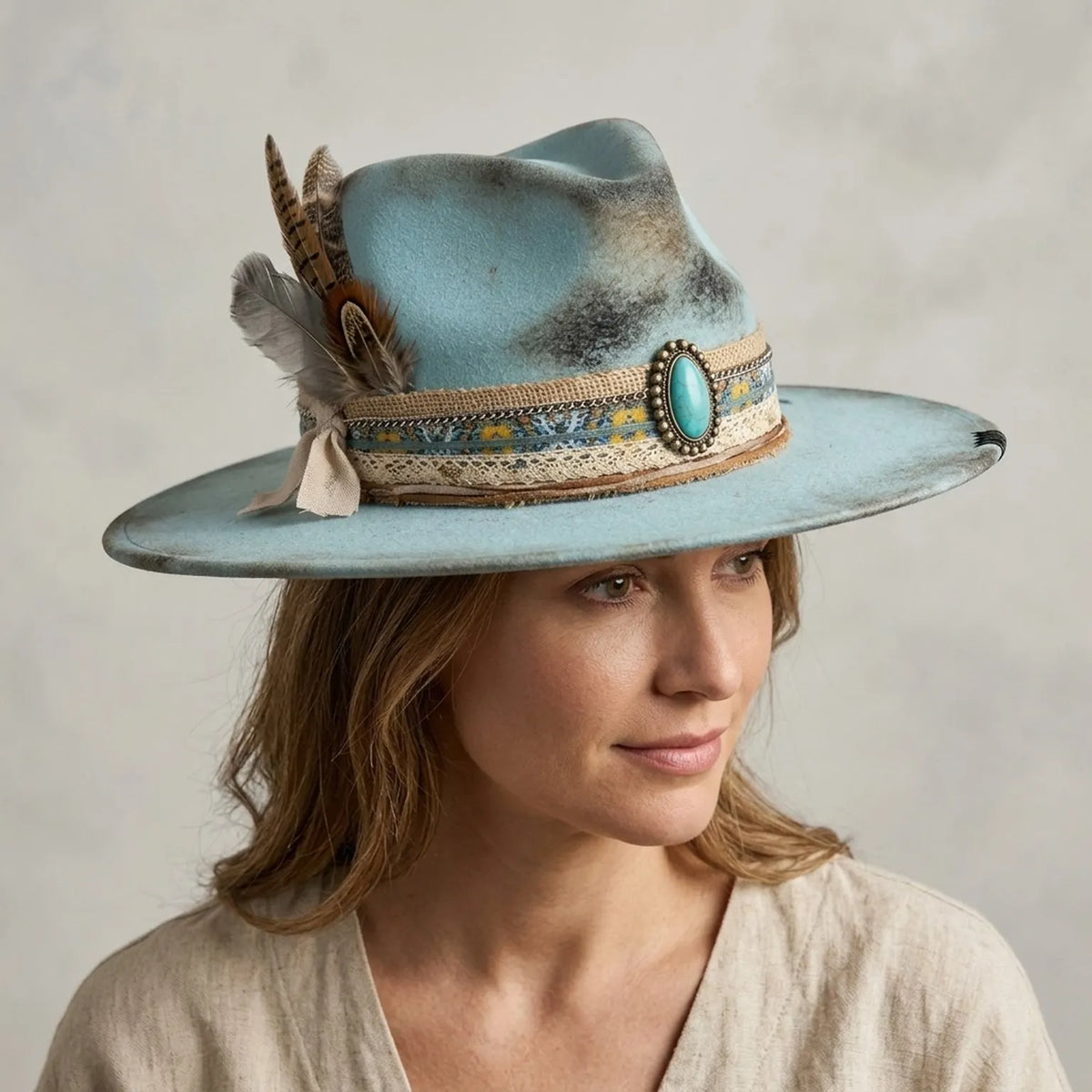 Light Blue Fedora with Turquoise Concho, Lace and Feathers