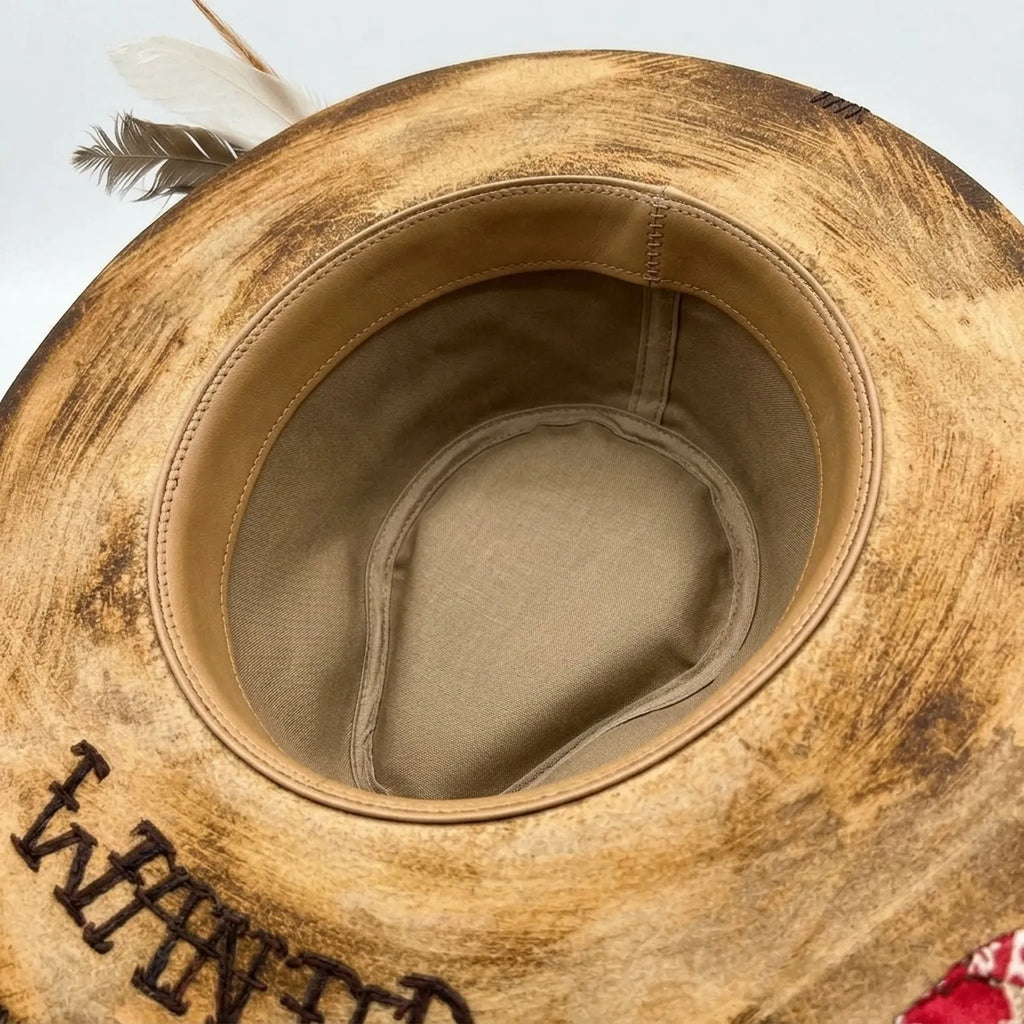 "Wanted" Tan Felt Western Hat with Patchwork Band and Feathers
