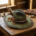 Olive Green Distressed Fedora with Burlap Bow and Cross Accent