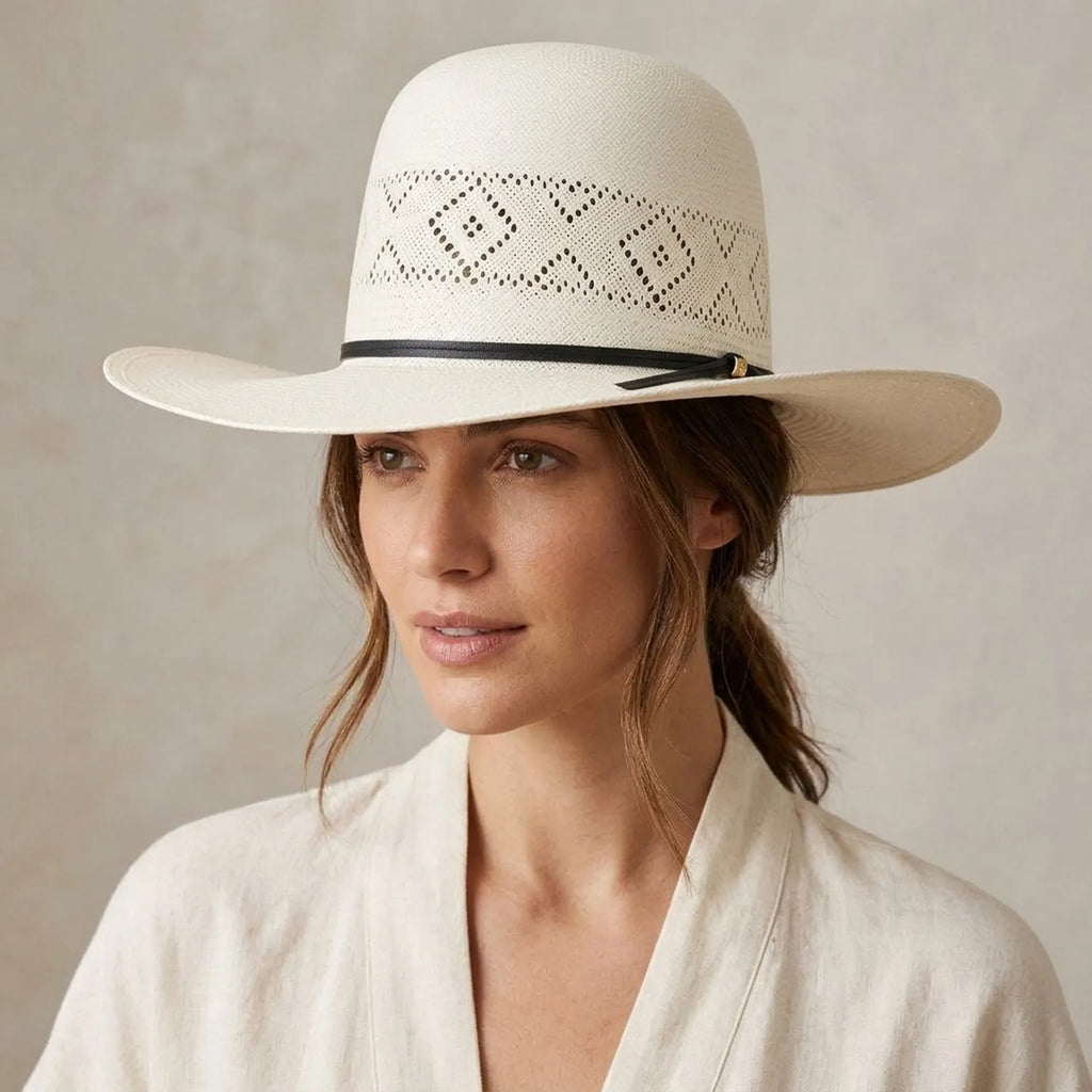 White Straw Panama Hat with Perforated Band for Resort Wear