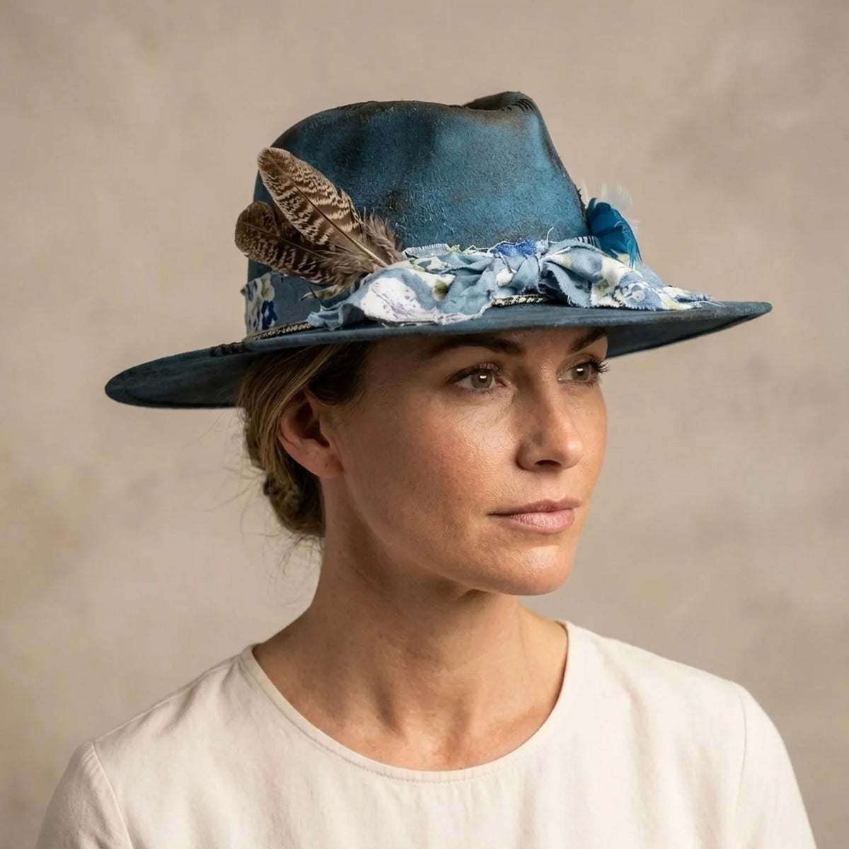 Antique Blue Fedora with Floral Scarf Bow and Feather Spray
