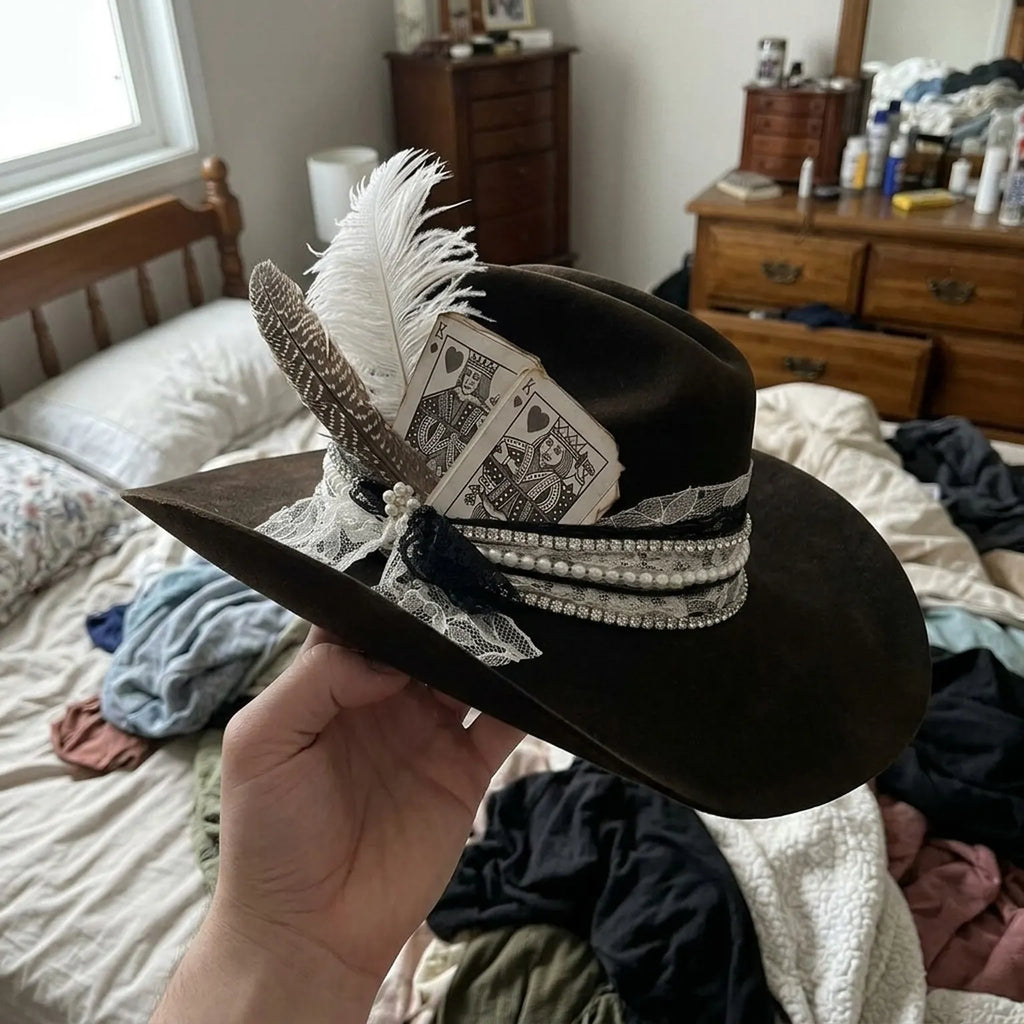 Dark Brown Fedora with Pearls, Lace, Feathers and Playing Cards