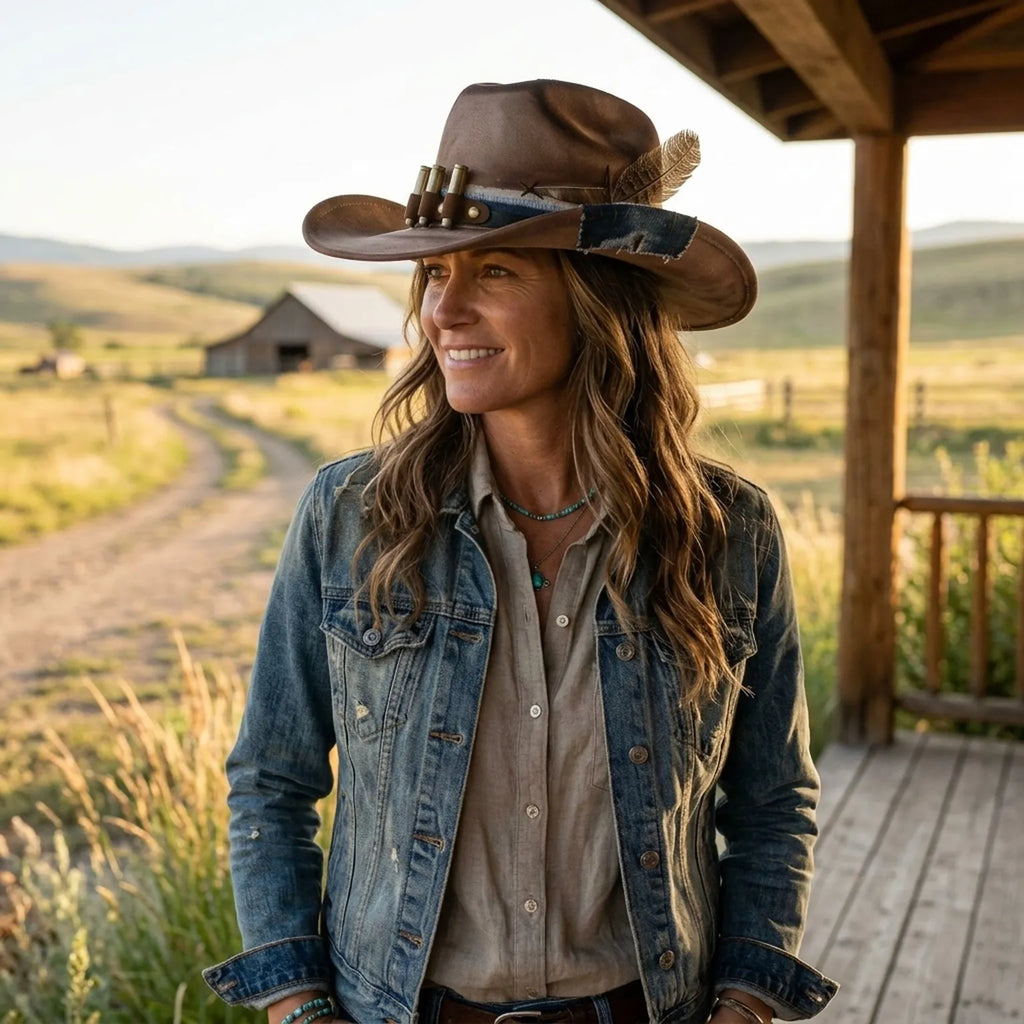 Brown Cowboy Hat with Bullet Cartridge Band and Denim Trim