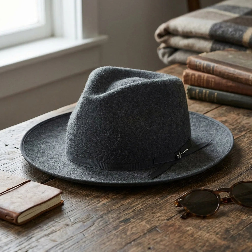 Heather Gray Felt Fedora with Grosgrain Band and Feather Detail