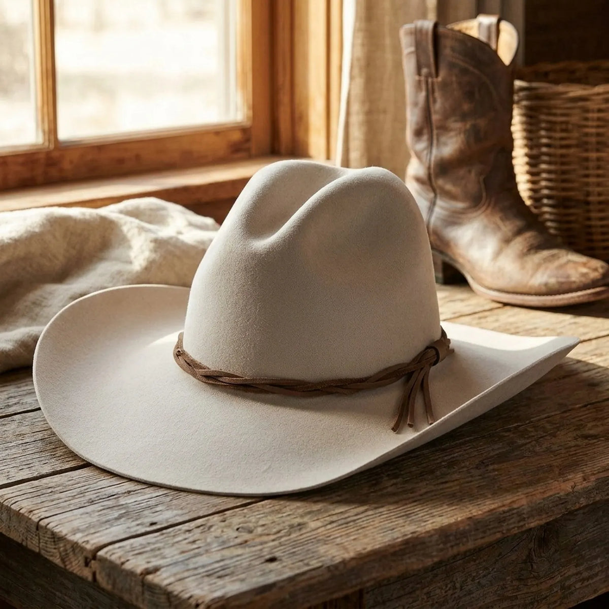 Light Gray Wool Felt Cowboy Hat with Braided Leather Band