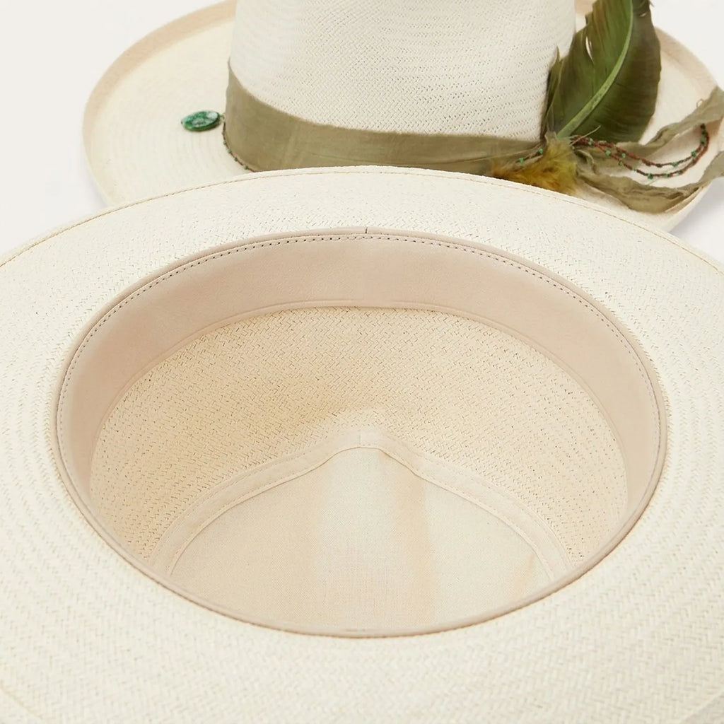 White Straw Panama Hat with Feather and Beads