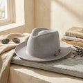 Light Gray Straw Fedora with Ribbon Band and Side Buckle