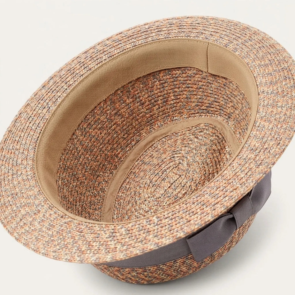 Multicolor Woven Straw Fedora with Herringbone Pattern Band