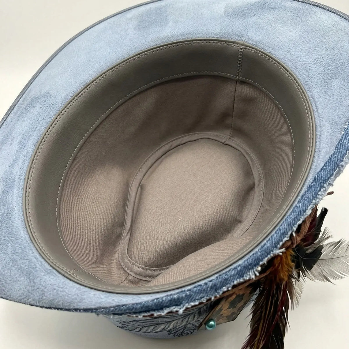 Light Blue Fedora Leaf Embroidery Feather Cluster Tassel Boho Hat