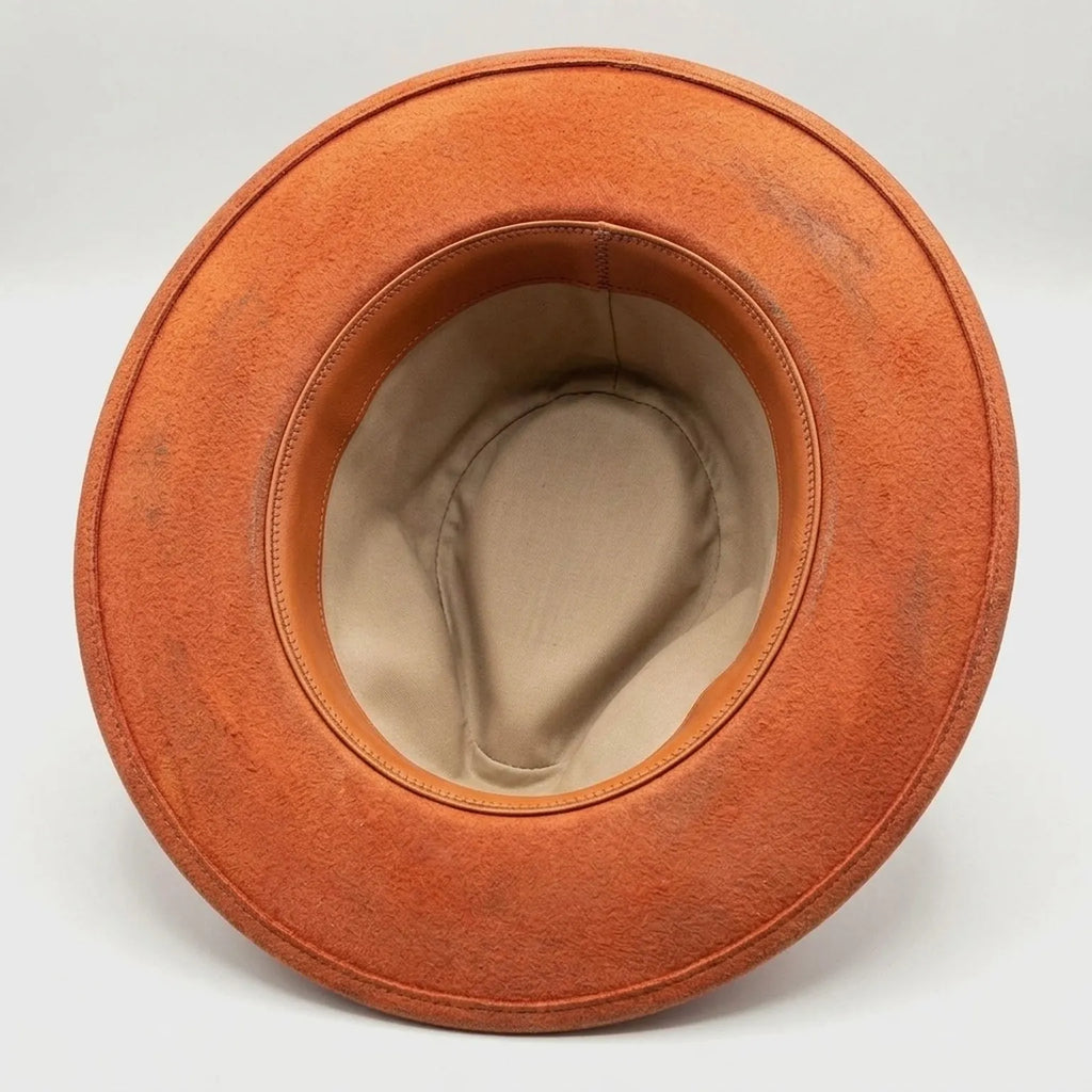 Rust Orange Felt Fedora Denim Burlap Layer Jeweled Brooch