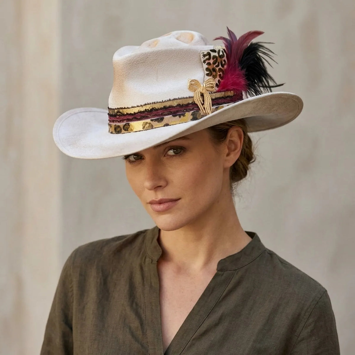 Glam Cream Fedora with Leopard Band and Feather Accent