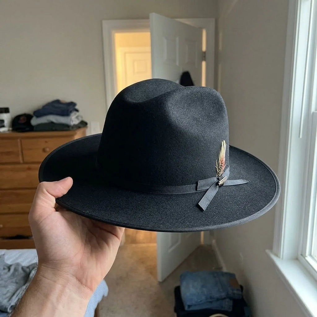 Unisex Black Wool Felt Fedora Hat with Ribbon Trim