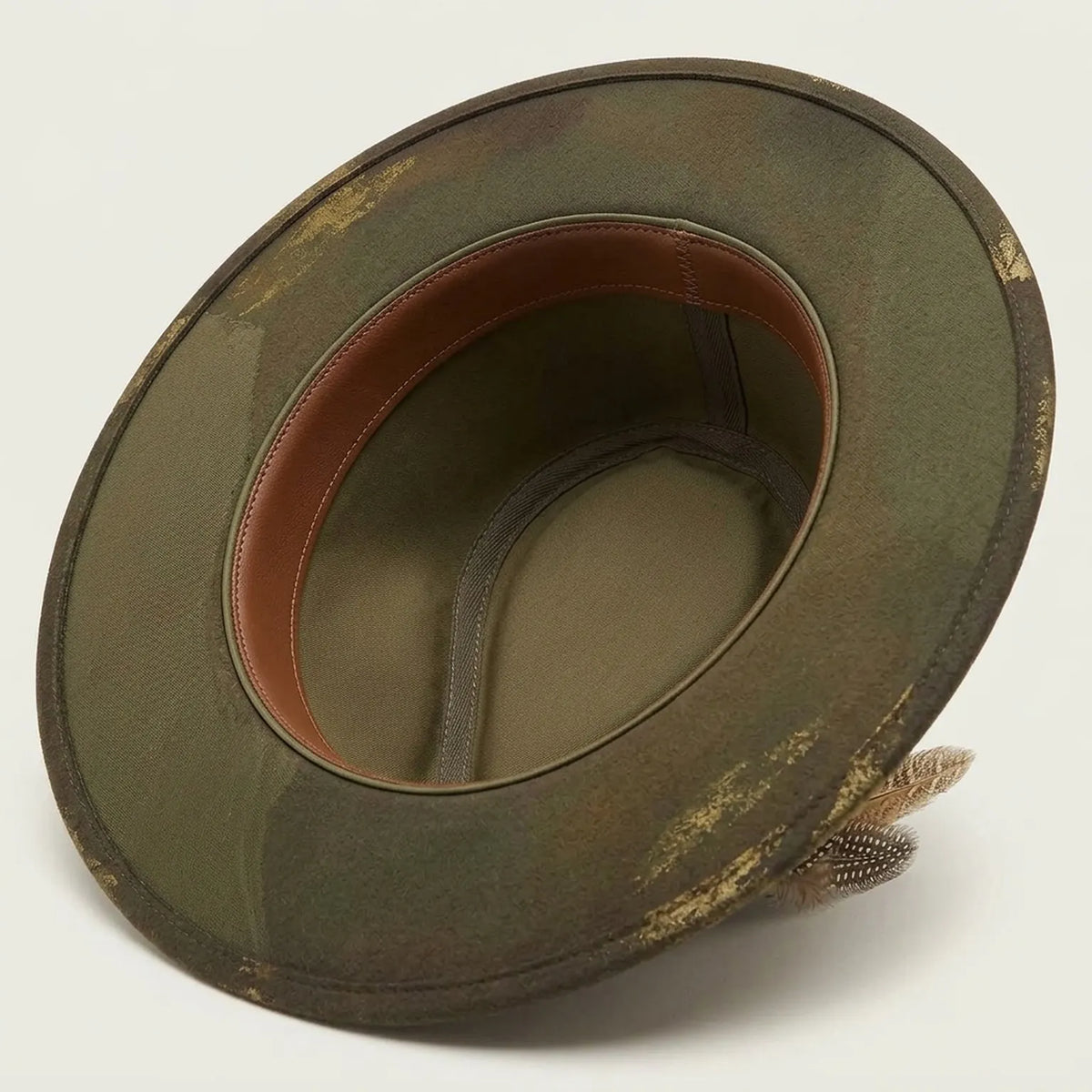 Antique Olive Felt Fedora with Leopard Trim and Feather Accent