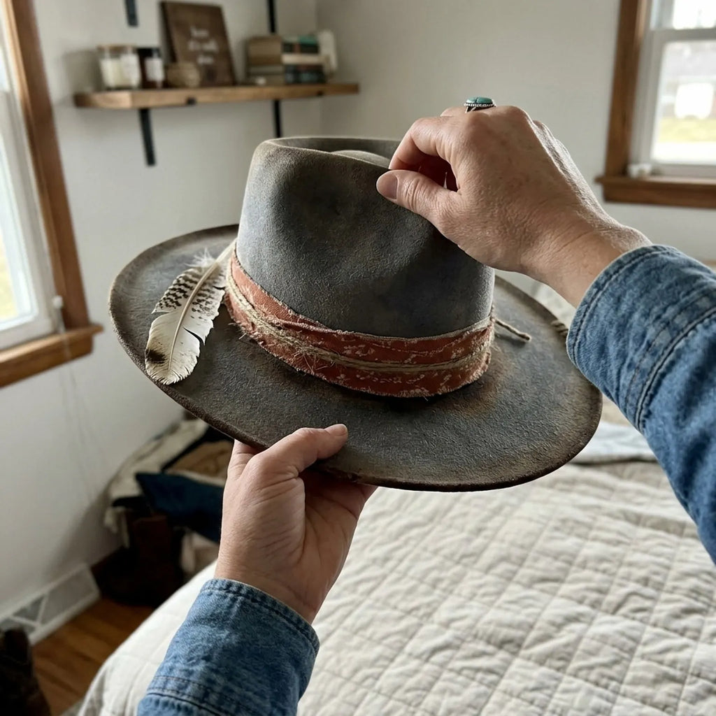Distressed Grey Felt Fedora with Orange Patterned Band