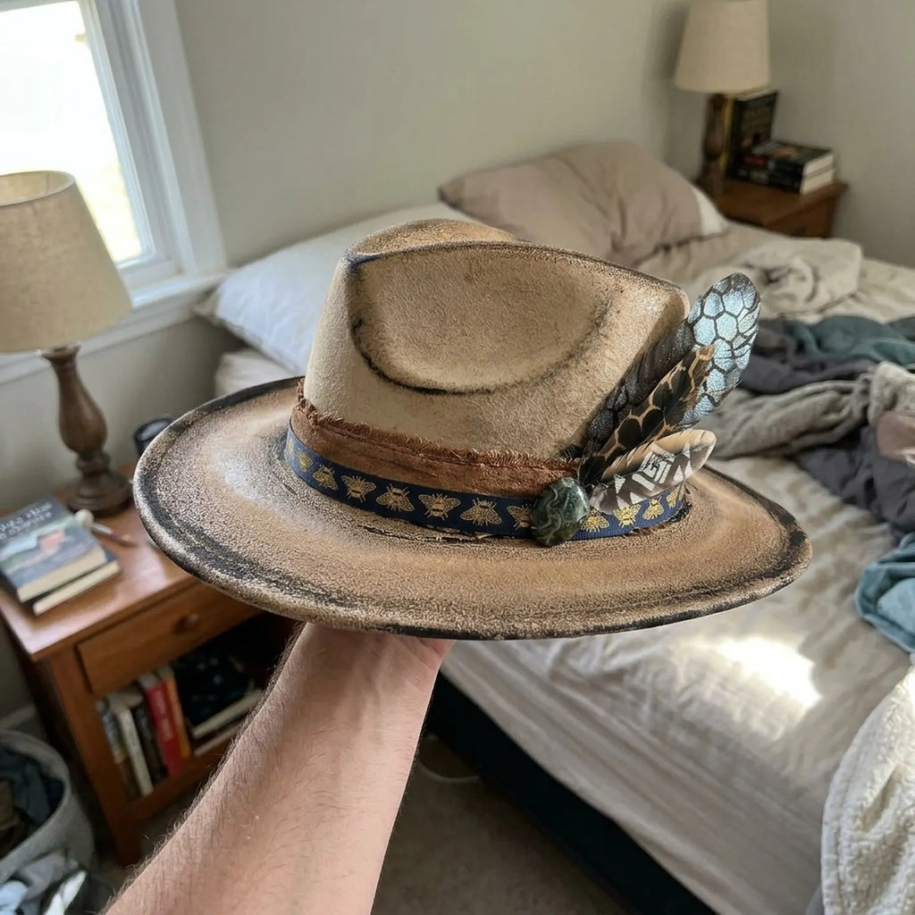 Beige Fedora with Bee Ribbon Band and Feather Accent
