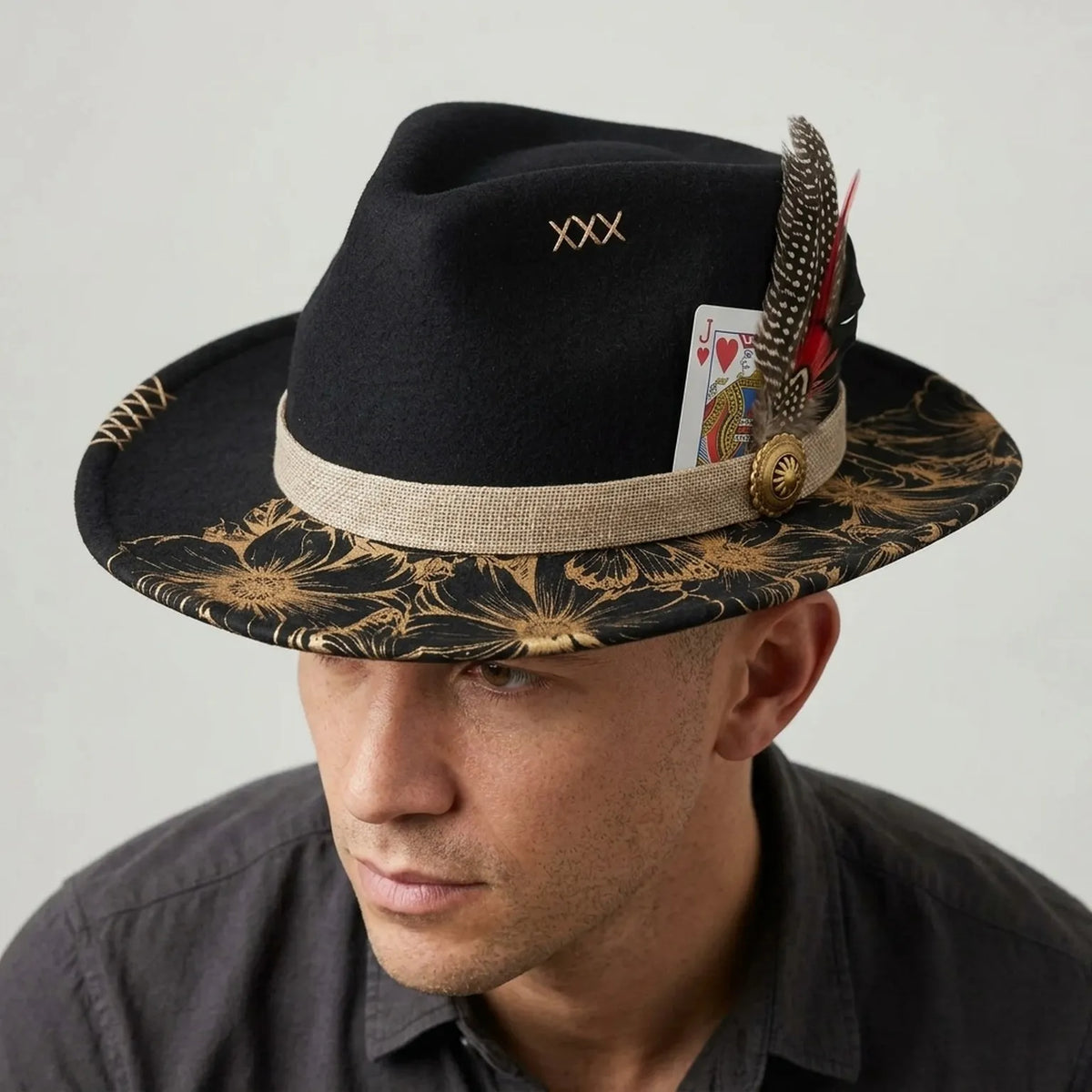 Glam Black Fedora with Gold Floral Brim and Playing Card