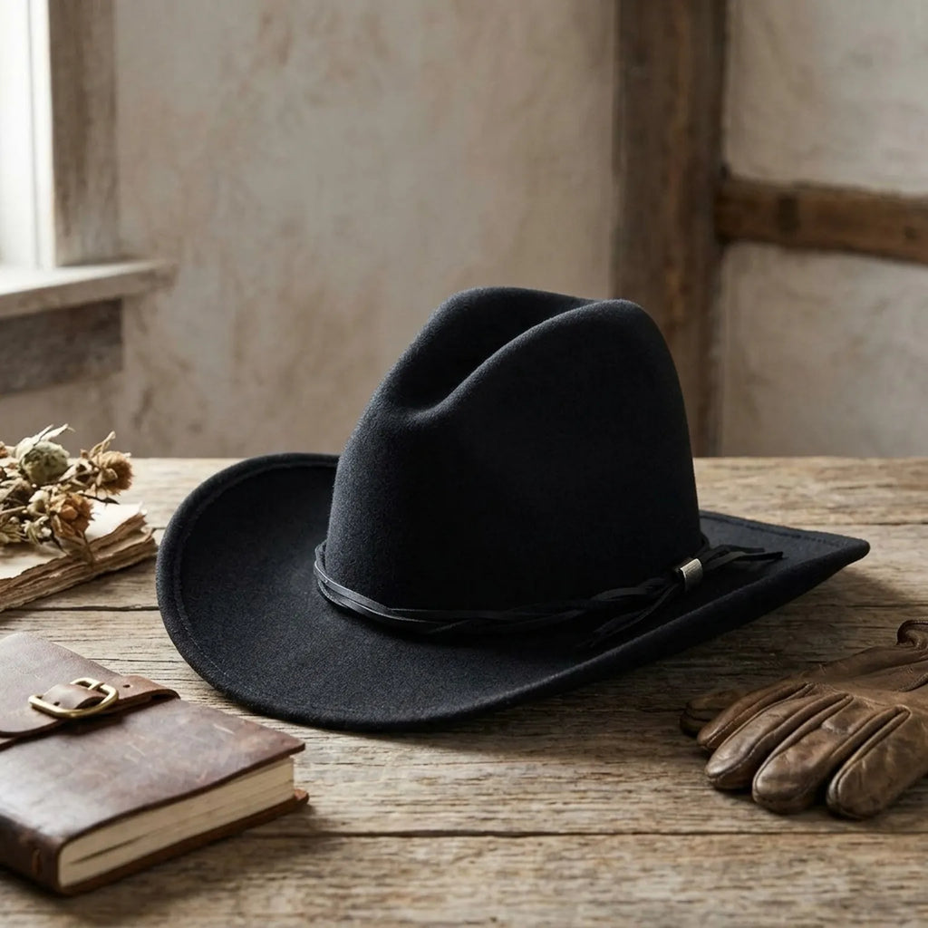 Unisex Black Wool Felt Cowboy Hat with Leather Band