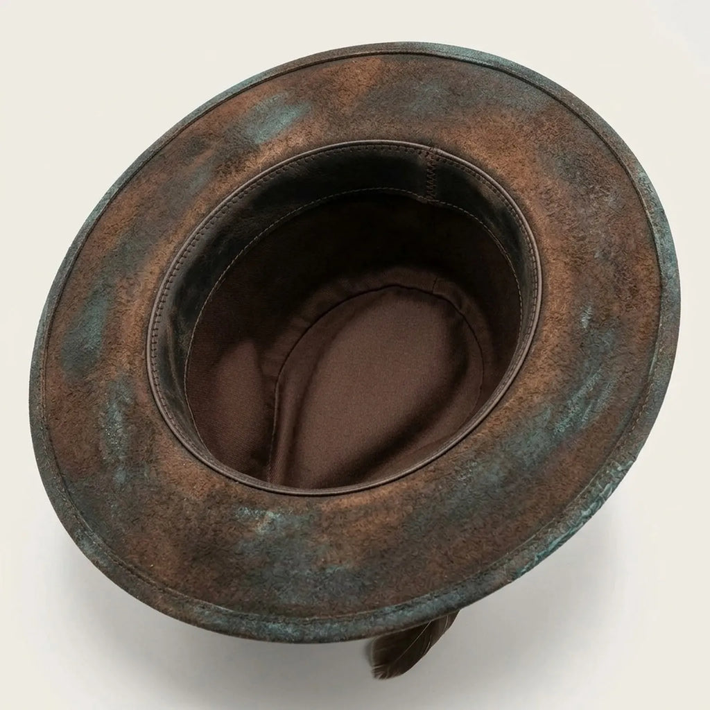 Aged Teal Distressed Fedora with Burlap Band, Concho and Coin