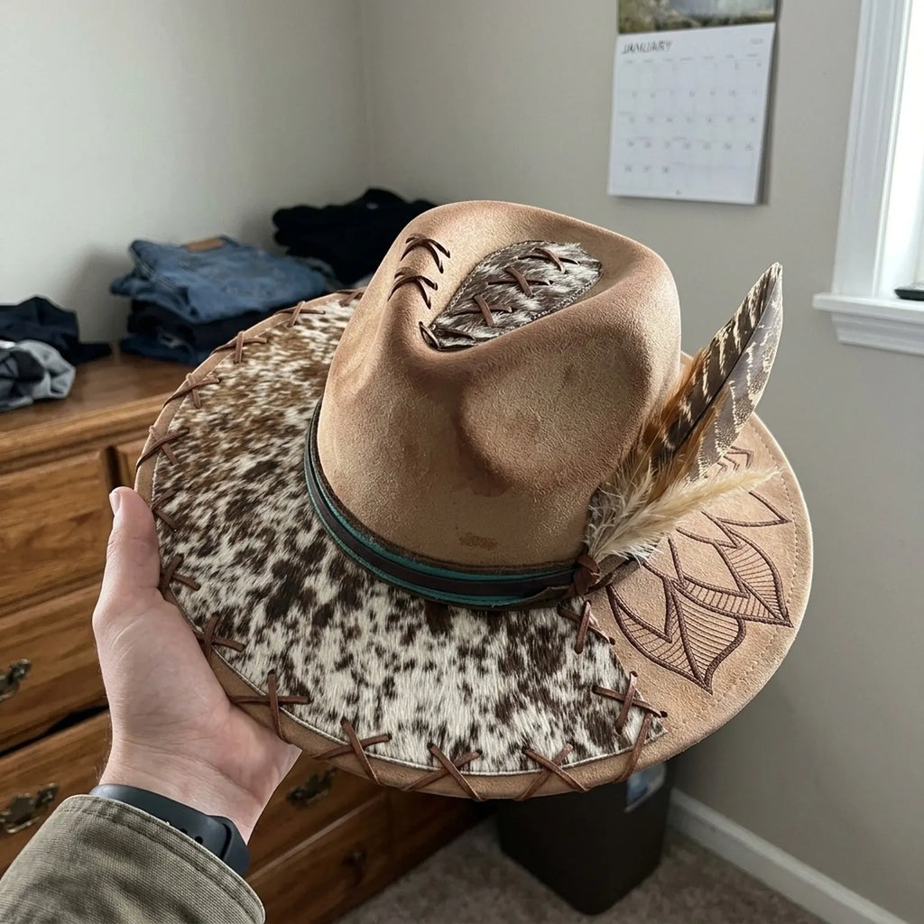 Tan Felt Cowboy Hat with Cow Print Brim and Feather Trim