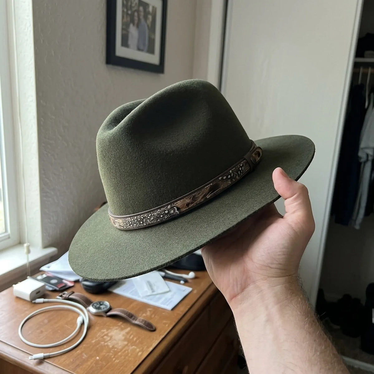 Olive Wool Felt Fedora Hat with Feather Print Band, Outdoor Classic