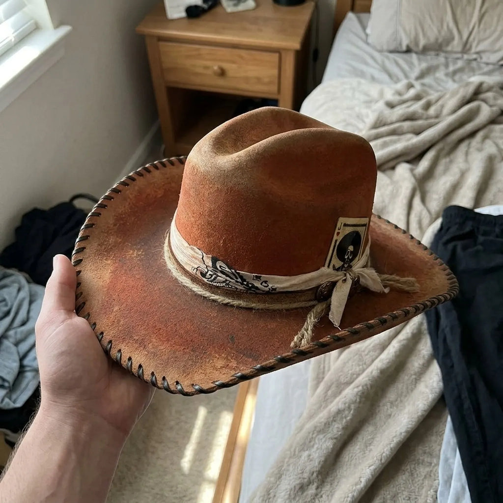 Rust Orange Western Hat with Stitched Brim and Playing Card Accent