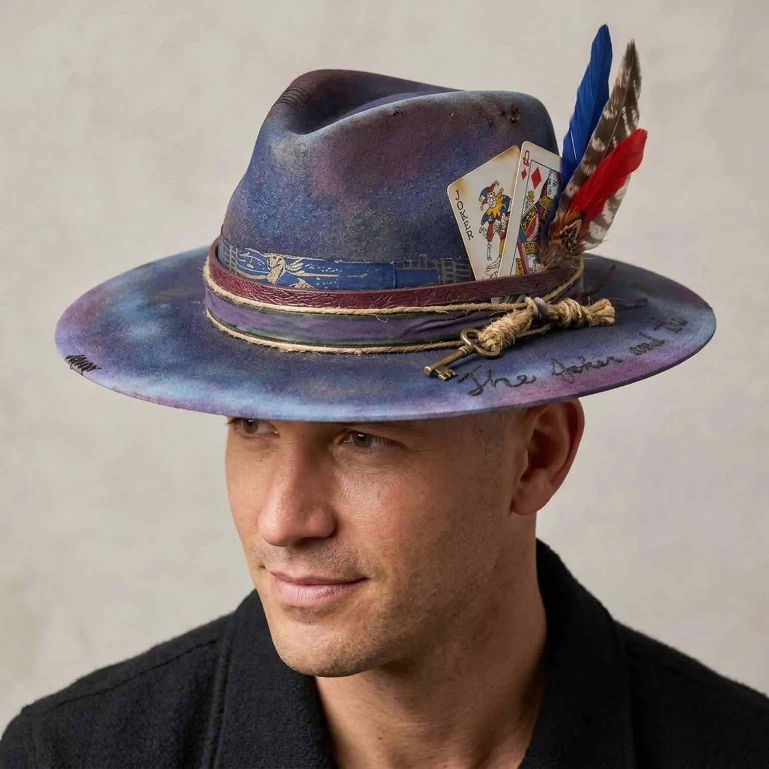 Blue Purple Gradient Fedora with Playing Cards Key Charm Feathers