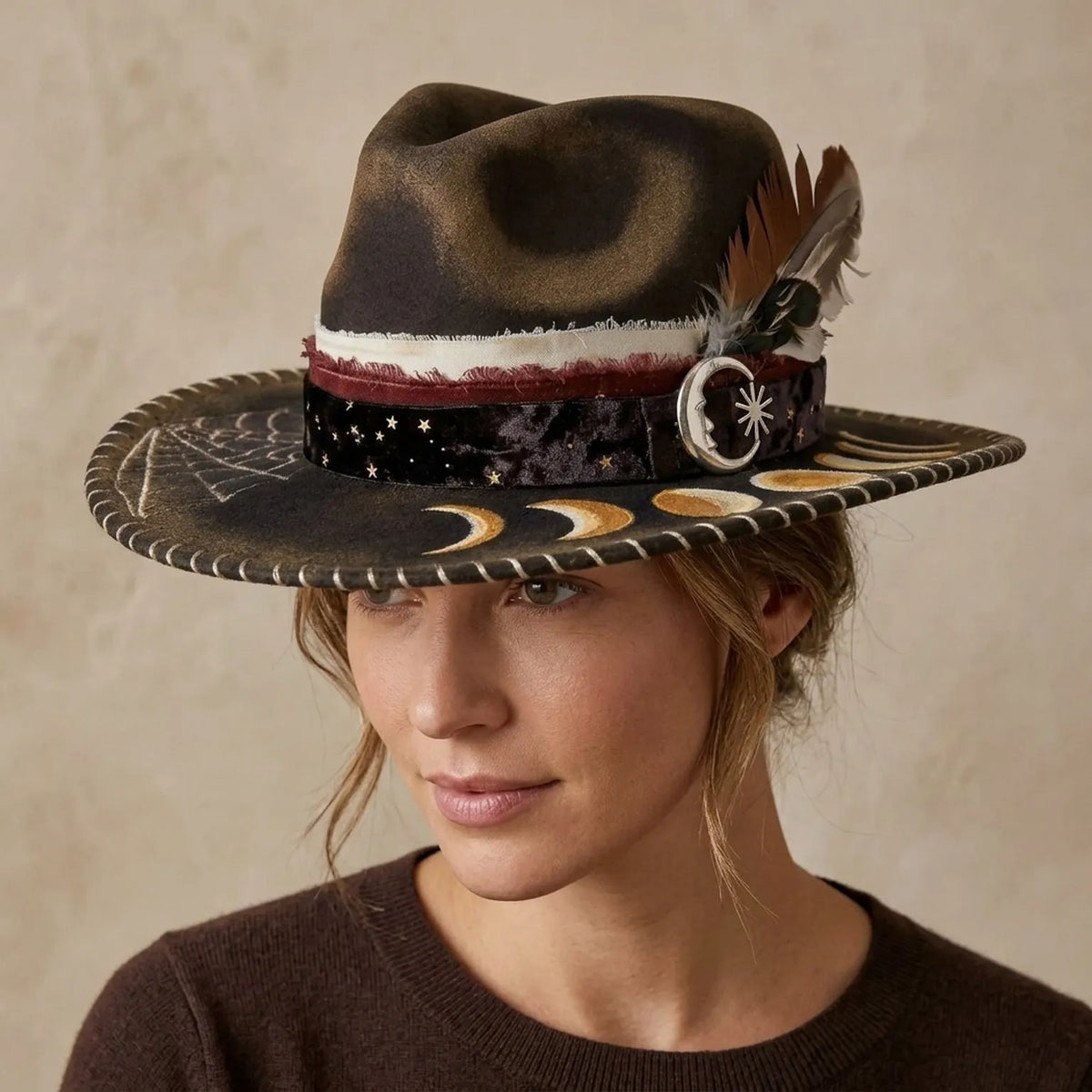 Brown Fedora Hat with Hand-Painted Moon Phases on Brim
