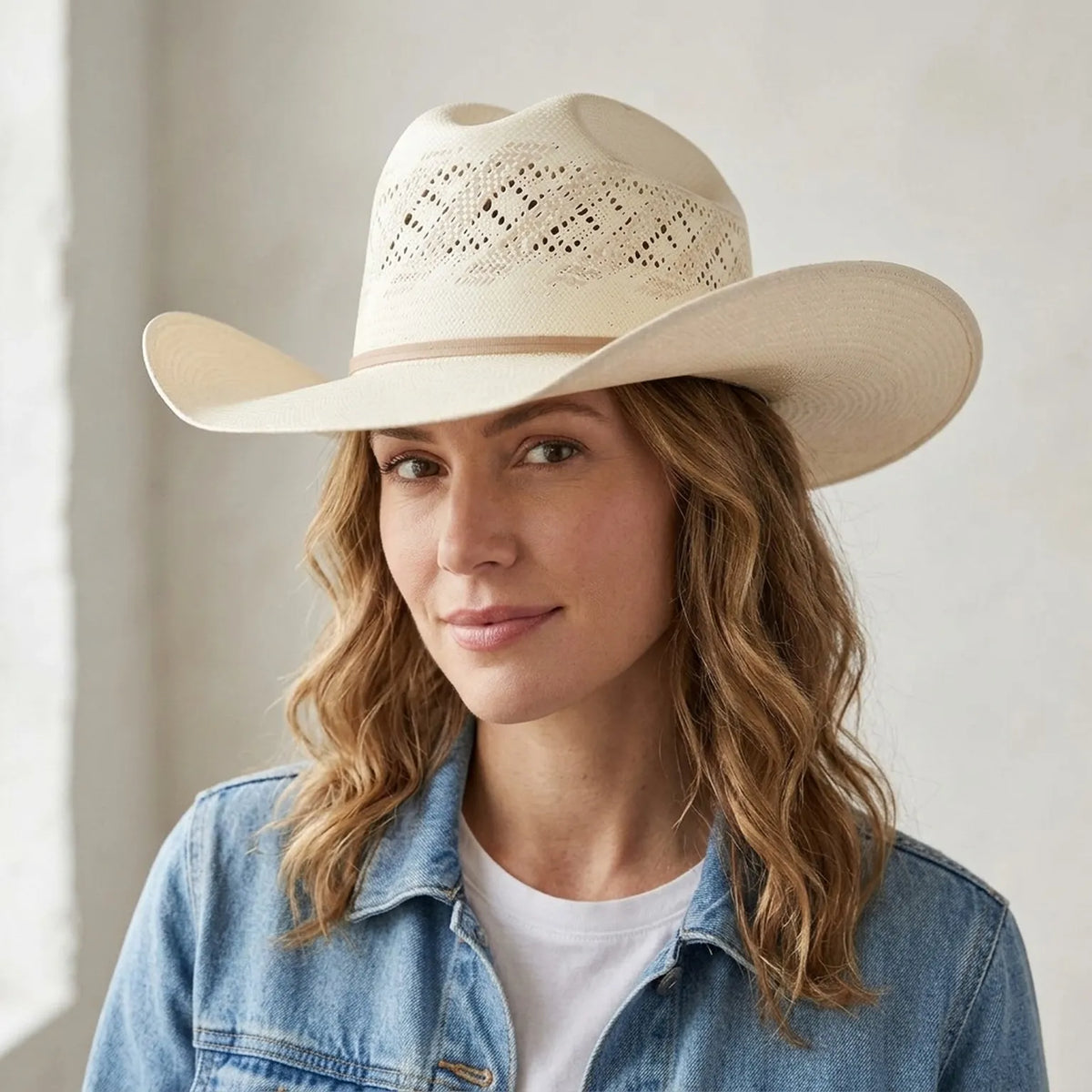 Cream Straw Cowboy Hat with Vented Openwork Crown Detail