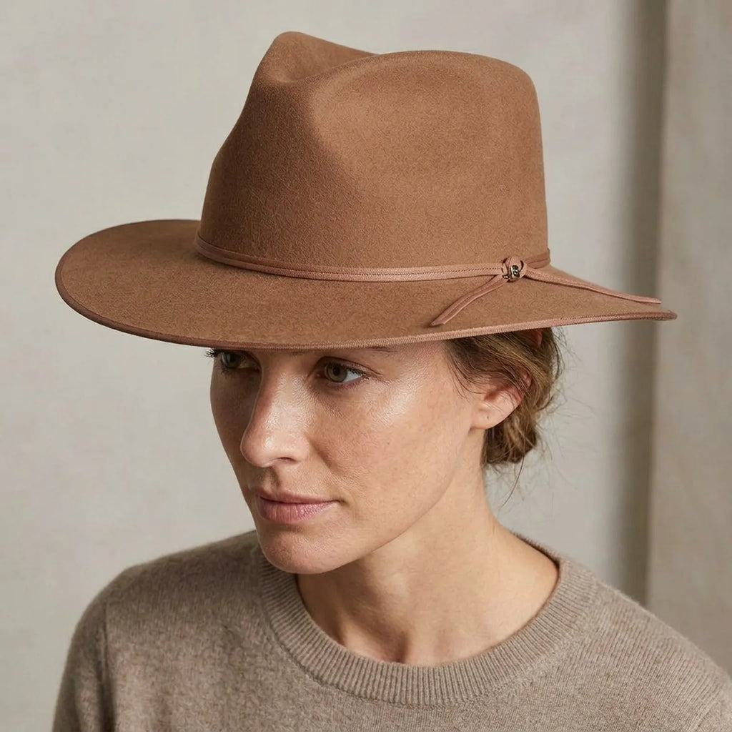 Unisex Camel Wool Felt Fedora Hat with Matching Band