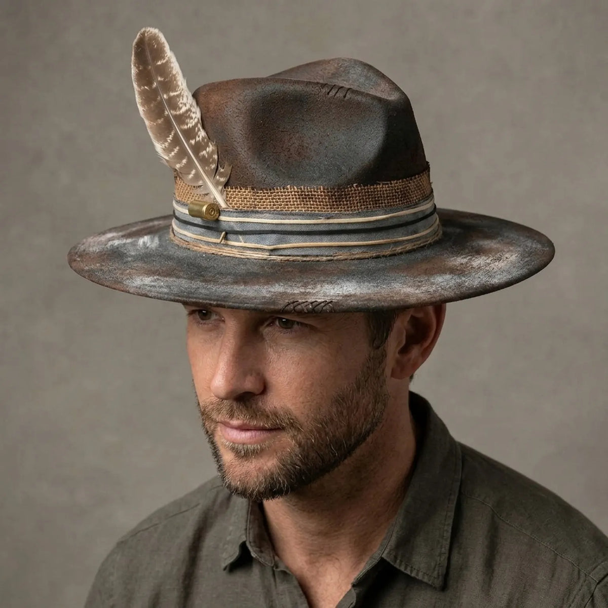 Weathered Gray Fedora with Feather and Denim Burlap Band