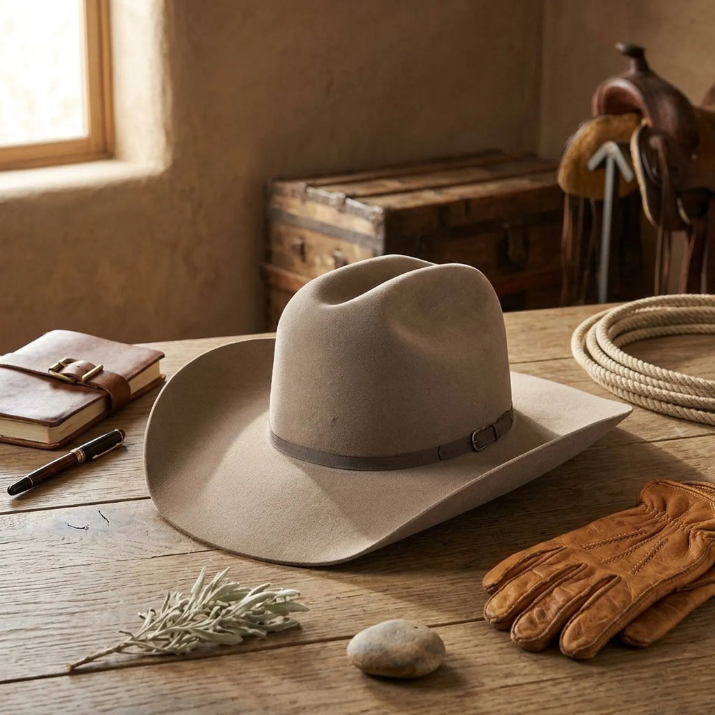 Unisex Taupe Wool Felt Cowboy Hat with Grosgrain Band Pin