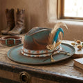 Distressed Brown Teal Two-Tone Felt Fedora with Feather Cluster
