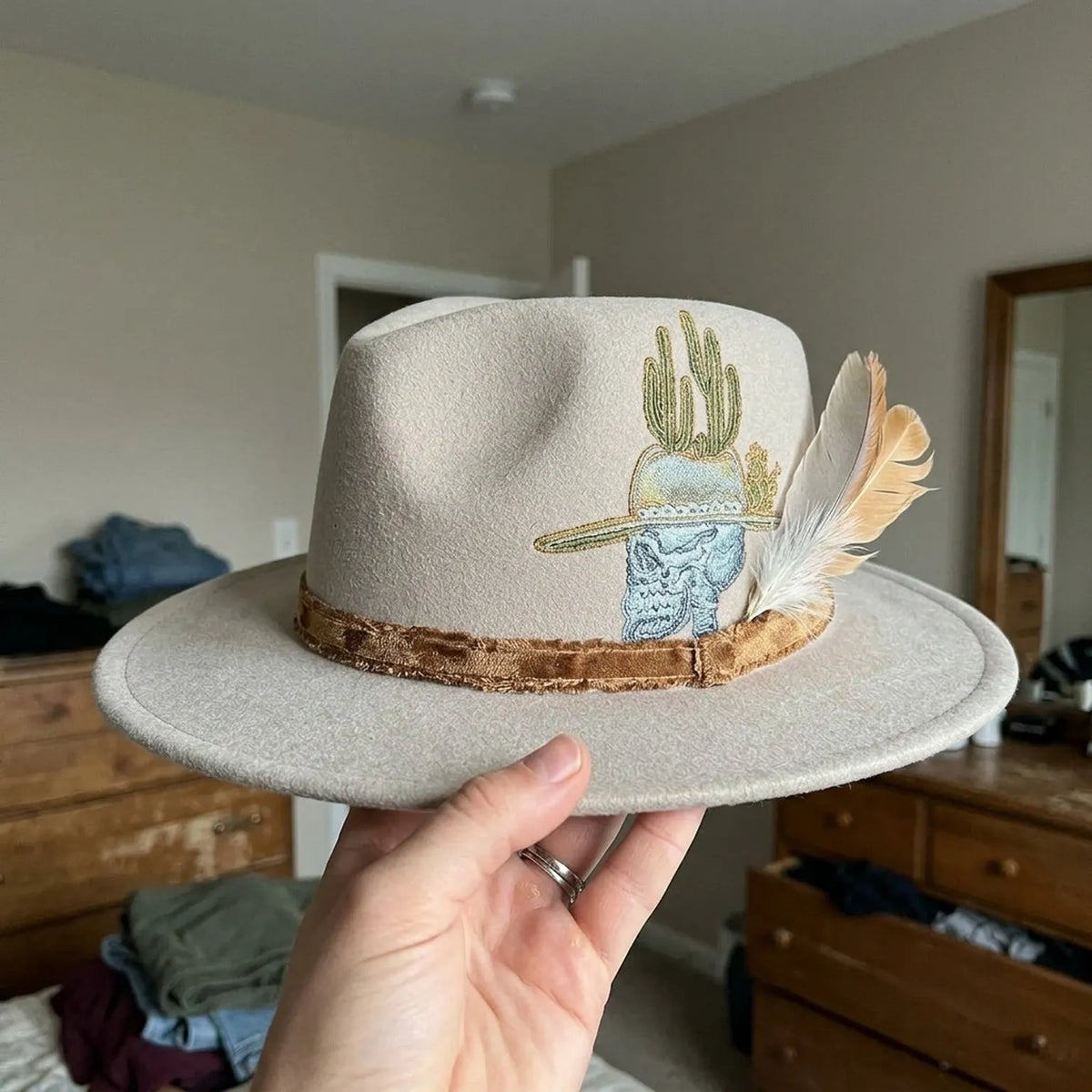 Beige Fedora with Cactus Skull Embroidery and Feather Accent