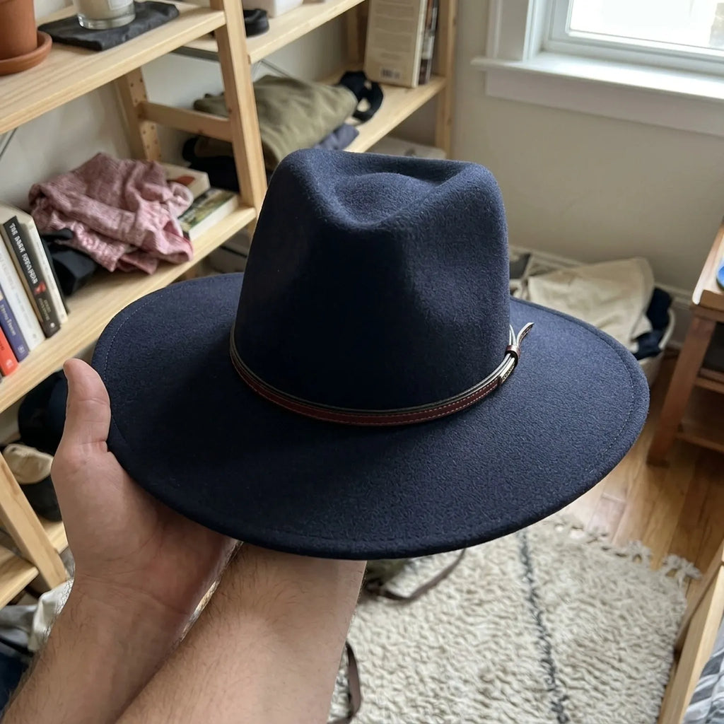 Navy Felt Fedora Hat with Brown Leather Band - Classic Style