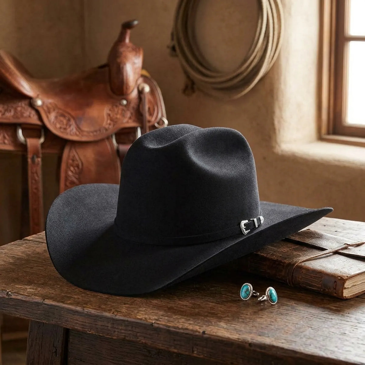 Black Felt Western Hat With Wide Brim and Band Accent