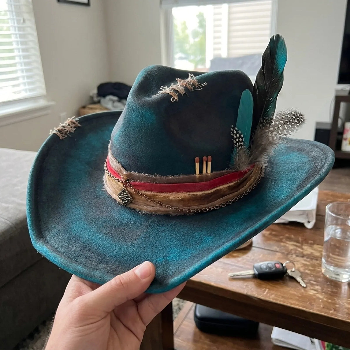 Teal Wide-Brim Western Hat with Matchstick and Feather Details