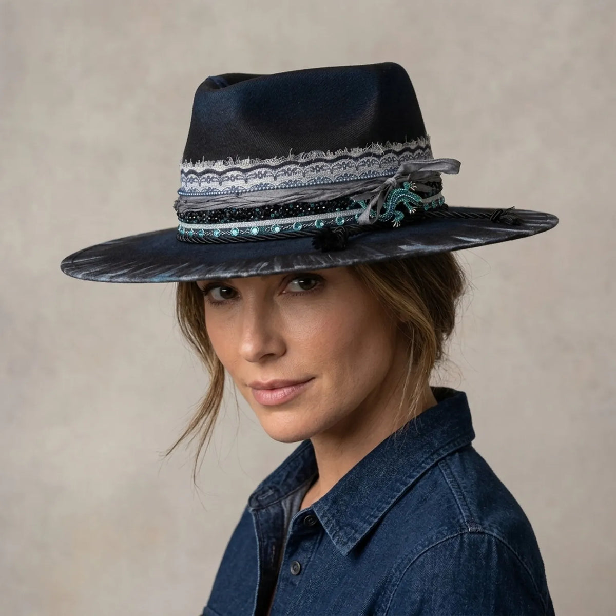 Black Felt Fedora with Tie-Dye Brim Lizard Charm Beaded Trim