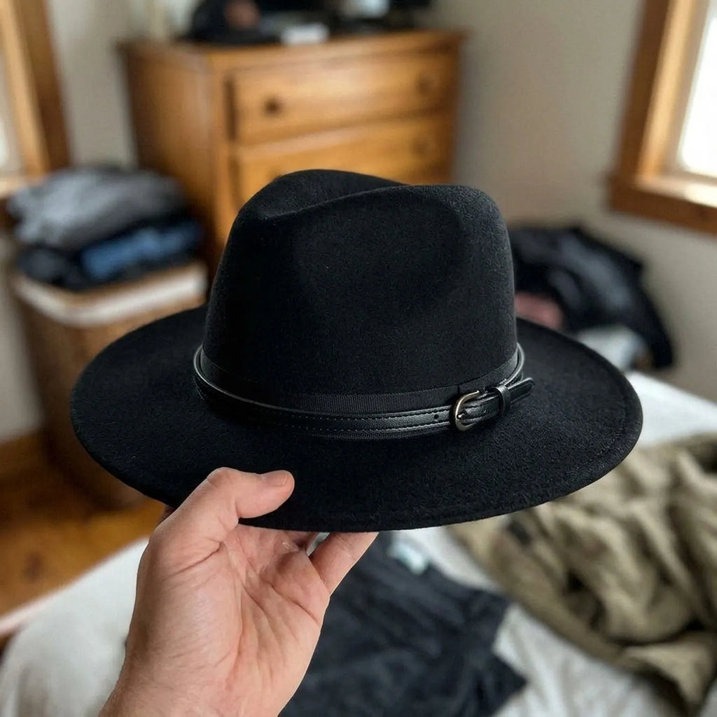 Unisex Black Wool Felt Fedora with Double Strap Band