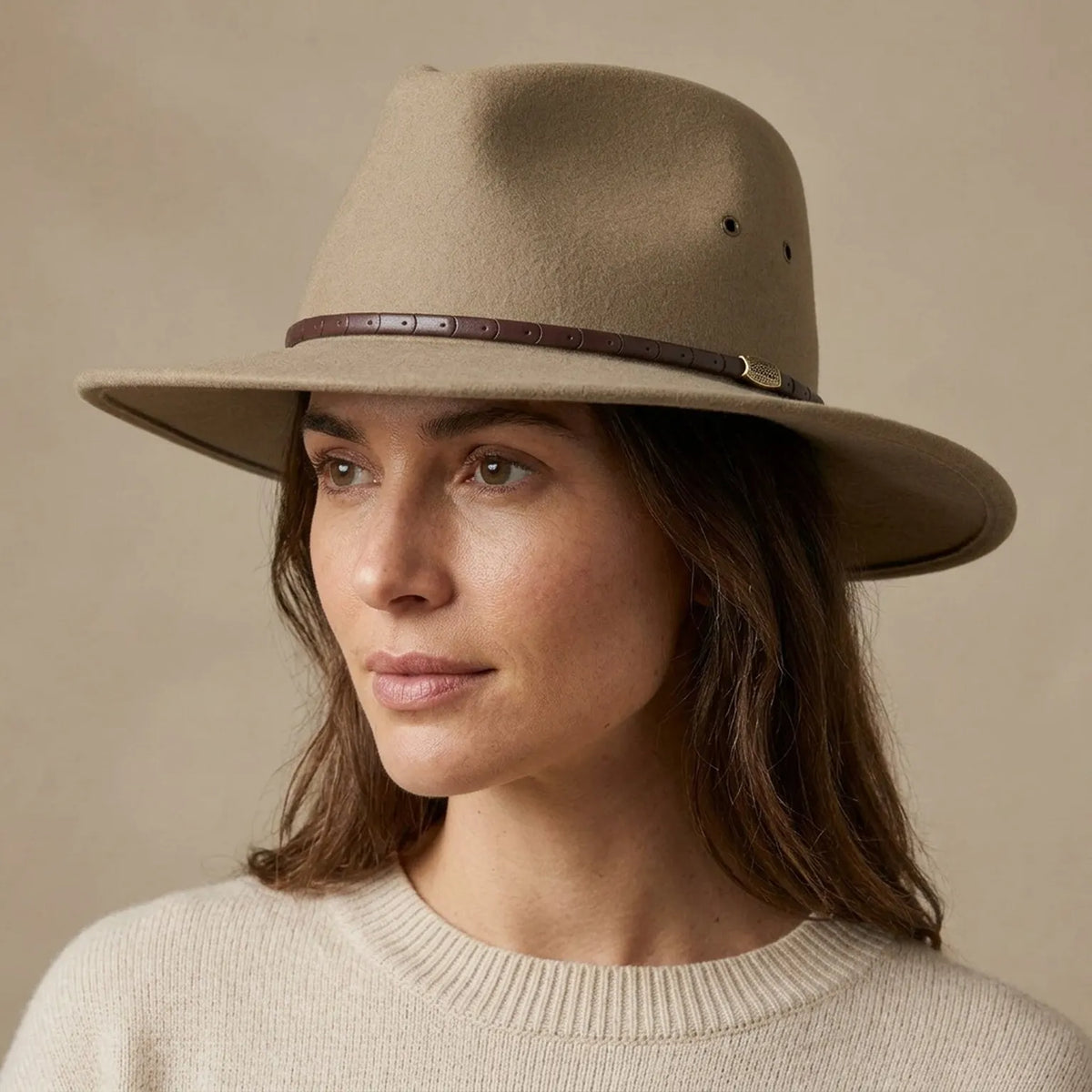 Camel Tan Felt Fedora with Leather Band and Eyelet Detail