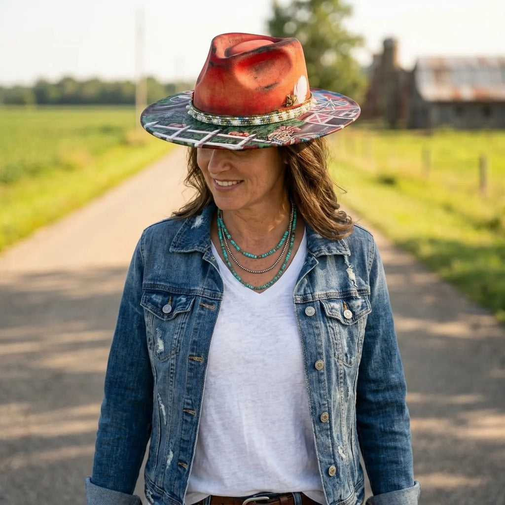 Red Crown Fedora Hat with Hand-Painted Farm Brim Scene
