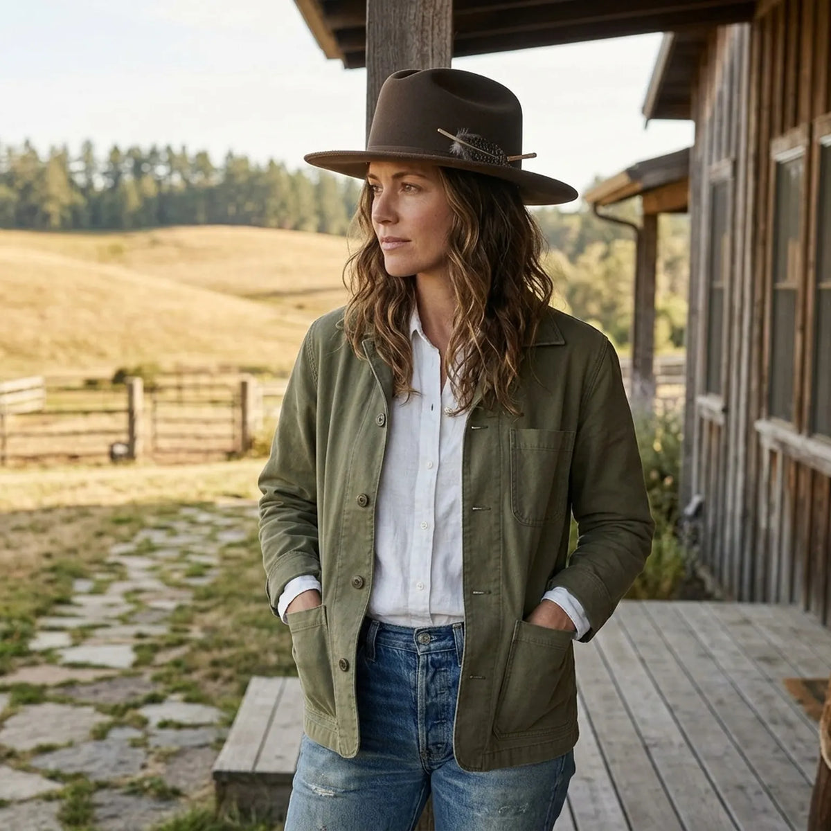 Brown Distressed Wide-Brim Western Felt Hat with Feather