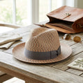Multicolor Woven Straw Fedora with Herringbone Pattern Band