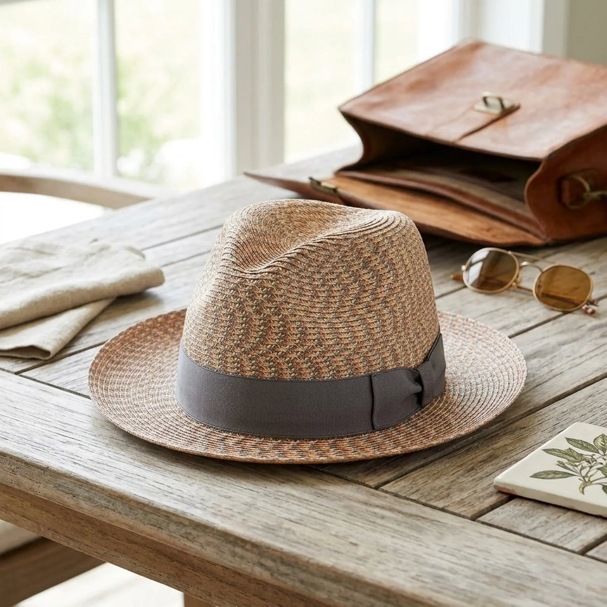 Multicolor Woven Straw Fedora with Herringbone Pattern Band