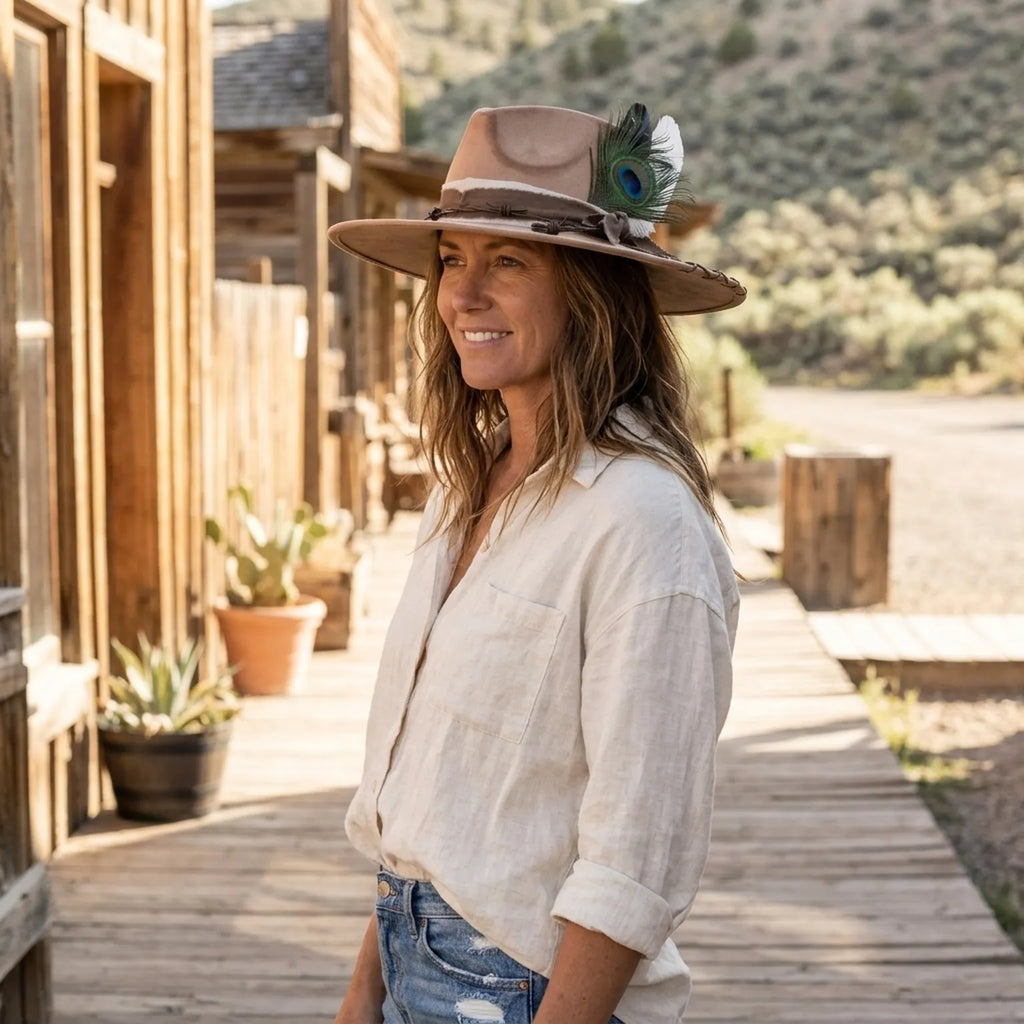 Tan Western Hat Peacock Feather Cowhide Patch Barbed Wire Band