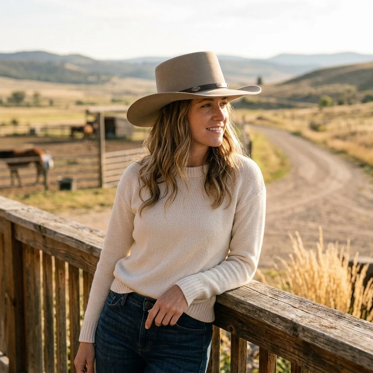 Tan Wool Felt Western Hat with Leather Band and Metal Concho Trim