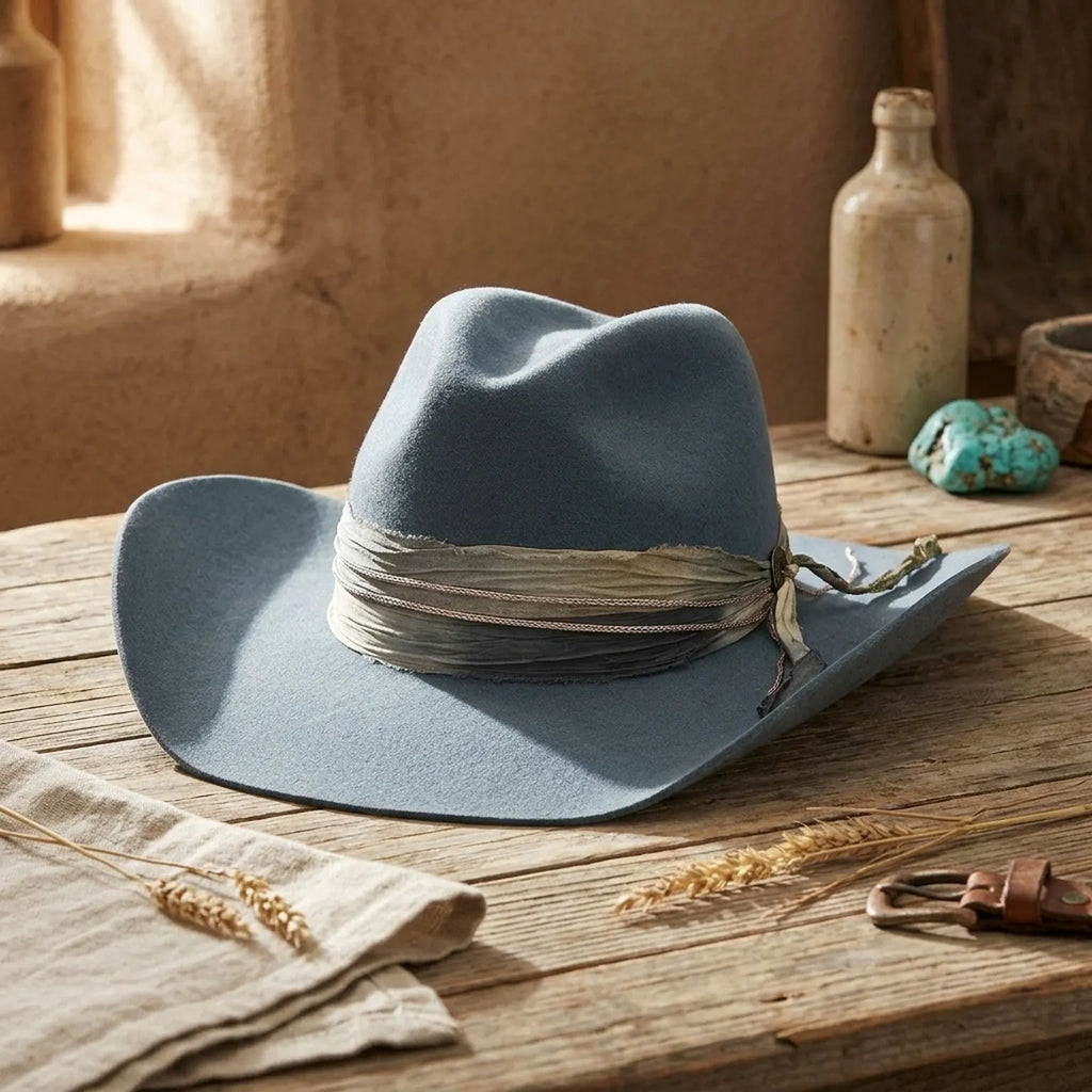 Slate Blue Felt Western Hat With Tied Fabric Band