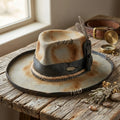 Aged Beige Fedora with Leather Buckle Band and Chain Trim