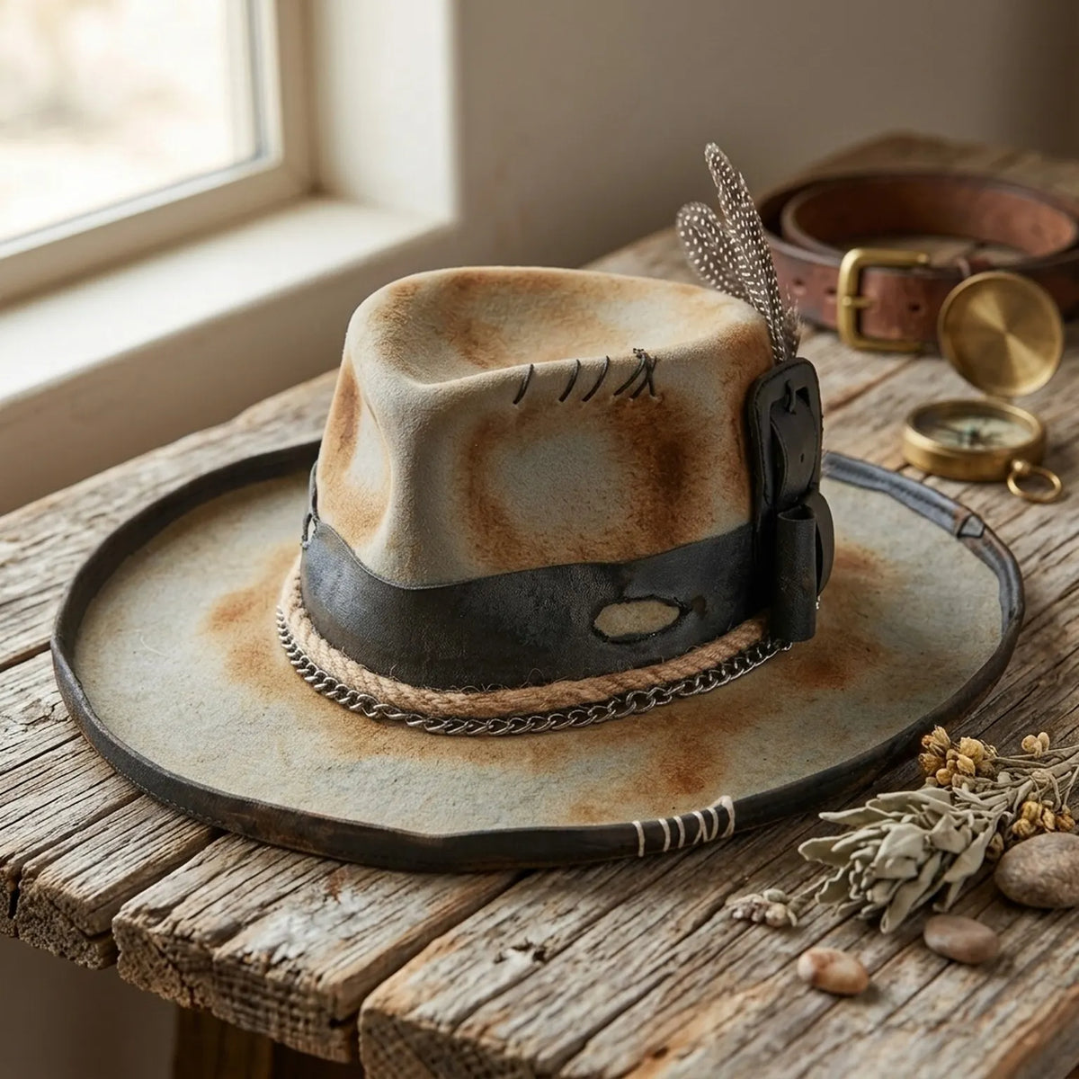 Aged Beige Fedora with Leather Buckle Band and Chain Trim